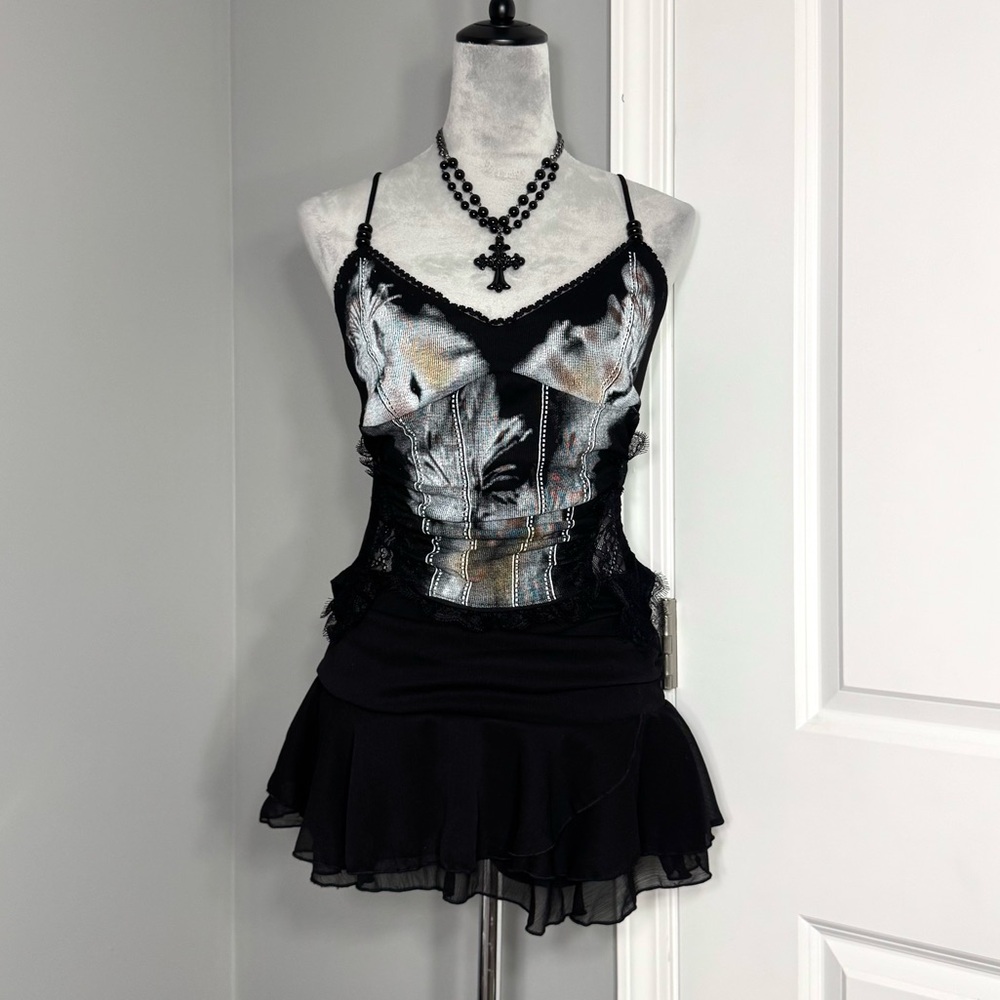 Y2K Fairy Grunge Graphic Floral Corset Style Tank with Beaded Straps + Lace Trim